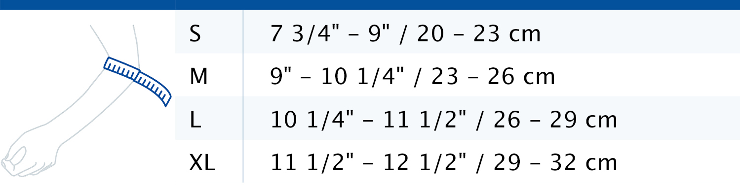 Size chart showing measurements for Actimove Everyday Supports Elbow Support
 Size chart showing measurements for Actimove Everyday Supports Elbow Support